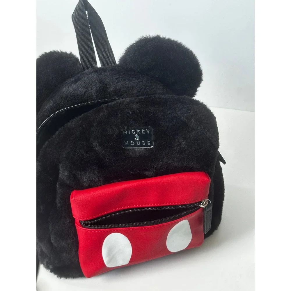 Disney Bioworld Mickey Mouse Plush Faux Fur Mini‎ Backpack Ears Black Red Purse